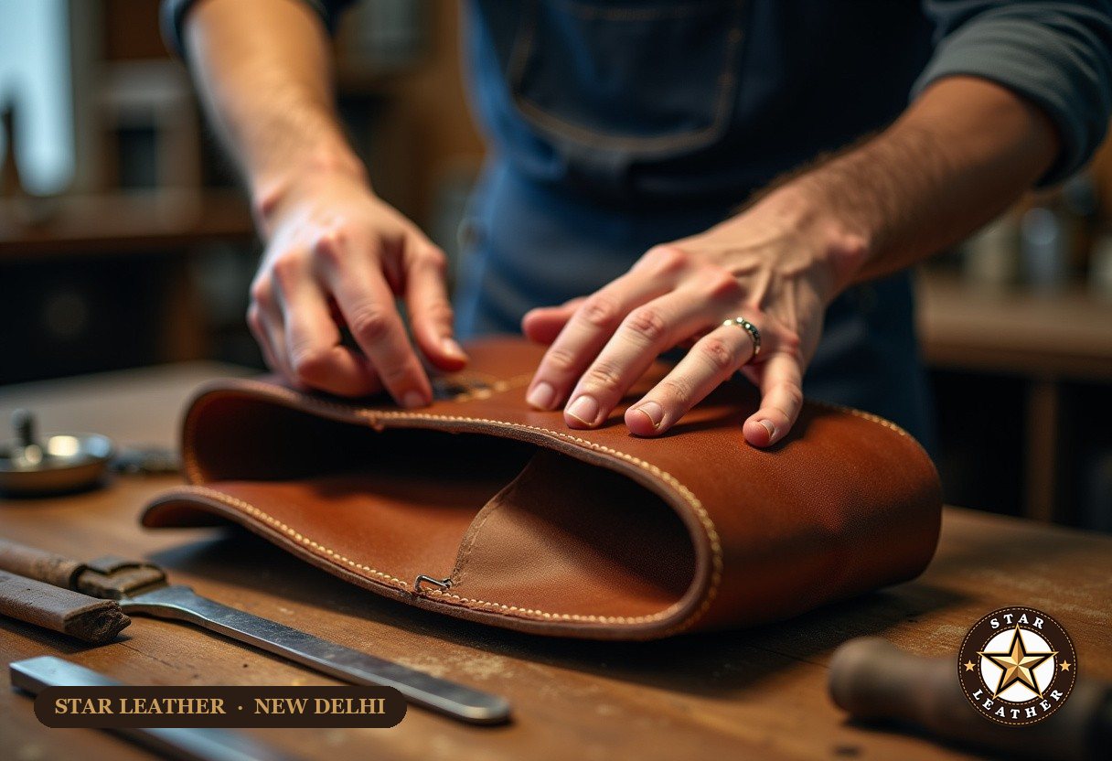 Hand stitching a leather bag